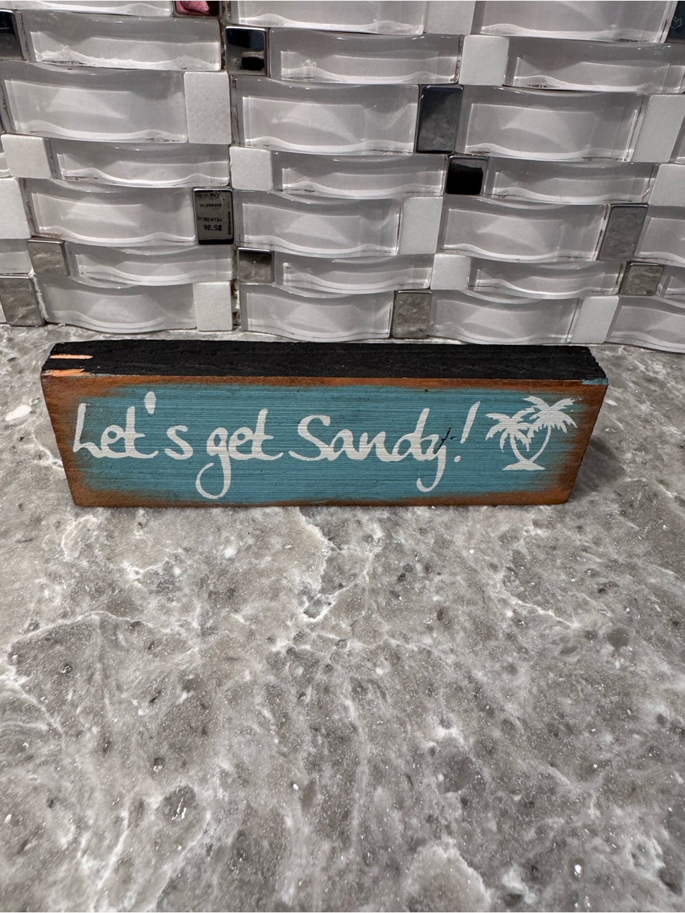 Let's Get Sandy! Rustic Beach Wood table top Sign Teal & White 6X2 inches